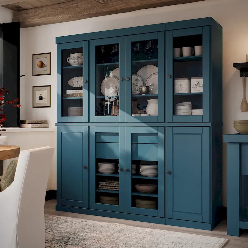 Credenza dispensa da cucina in legno massello al 100%, con ante in vetro o legno massello e kit con 2 cassetti, 65 x 71.5