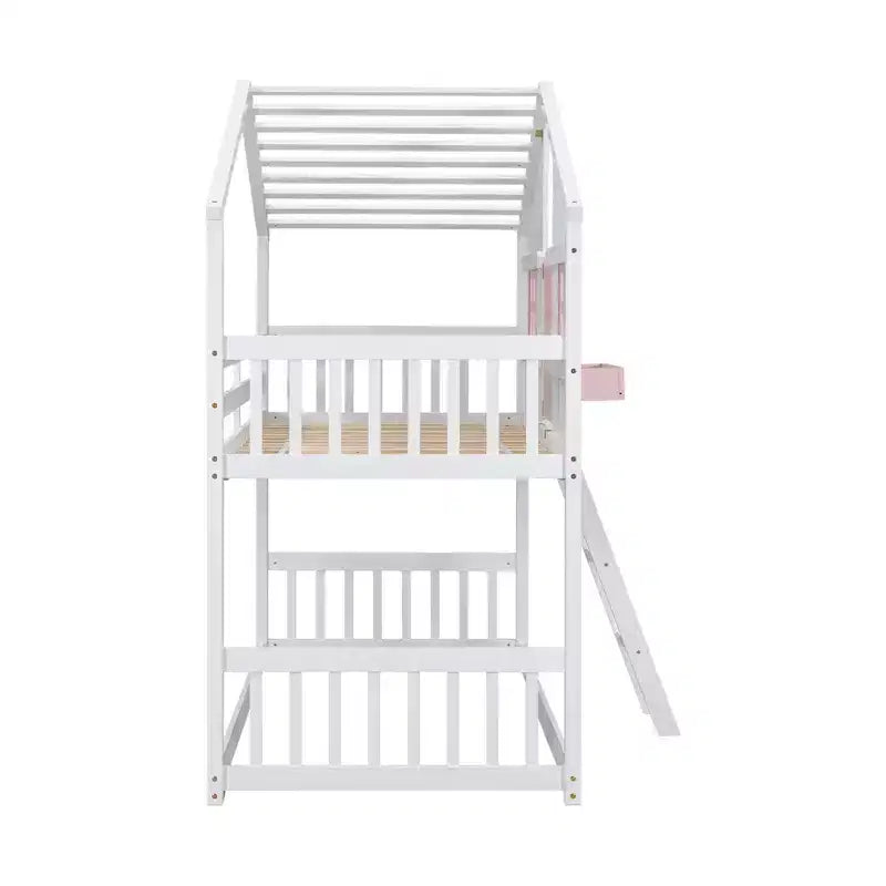 Letto a soppalco a forma di casetta per letto singolo, in legno, con scala e sponde di protezione per bambini