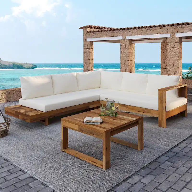 LSet di divani componibili angolari per patio con tavolo, chaise longue da esterno in legno, set conversazione da 4 pezzi