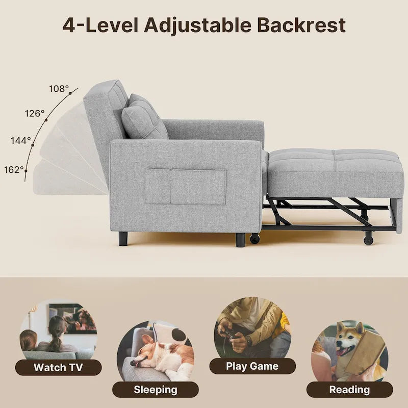Fauteuil convertible 3-en-1 avec lit escamotable, canapé lounge rembourré convertible, réglable et pliable