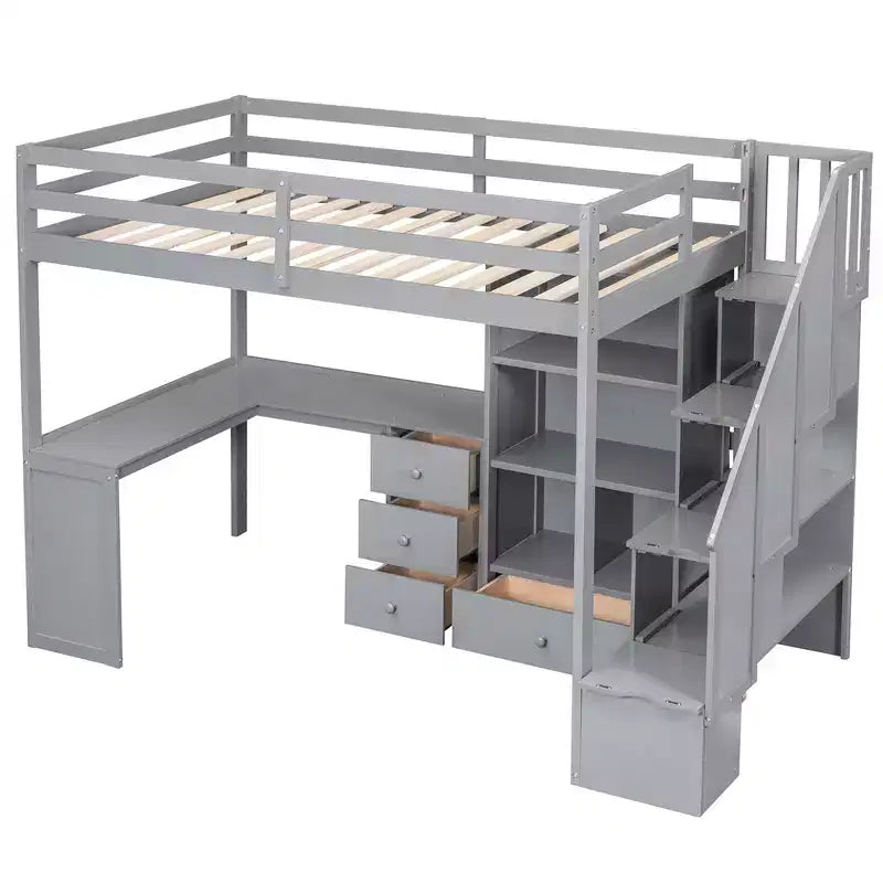 Hoogslaper voor een eenpersoonsmatras met L-vormig bureau, 3 laden, kast, opbergruimte in de trap, gemaakt van massief grenenhout/MDF