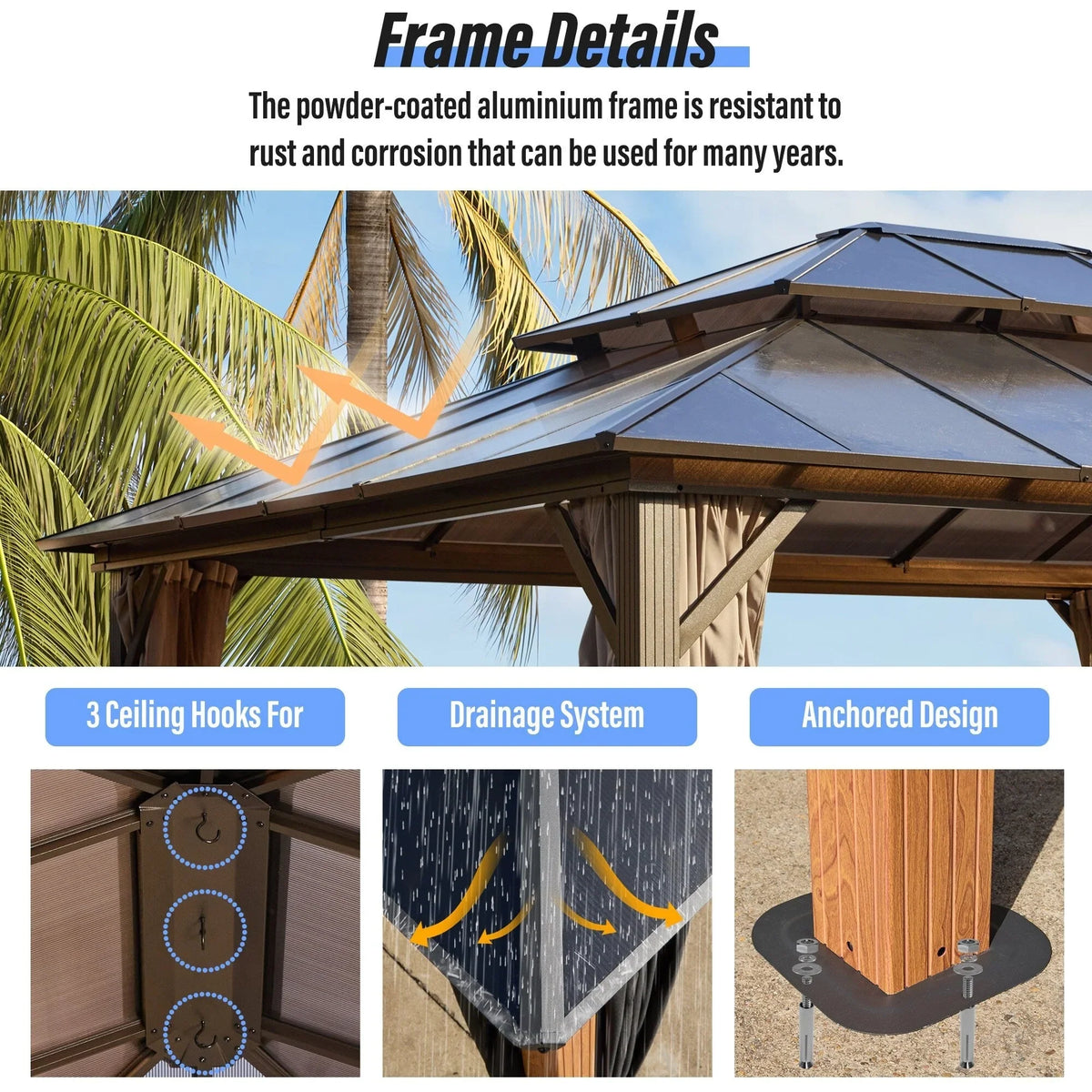 Gazebo EROMMY con tetto rigido, pergola da esterno con doppio tetto, rete e tende, copertura robusta per patio, giardino e feste in piscina