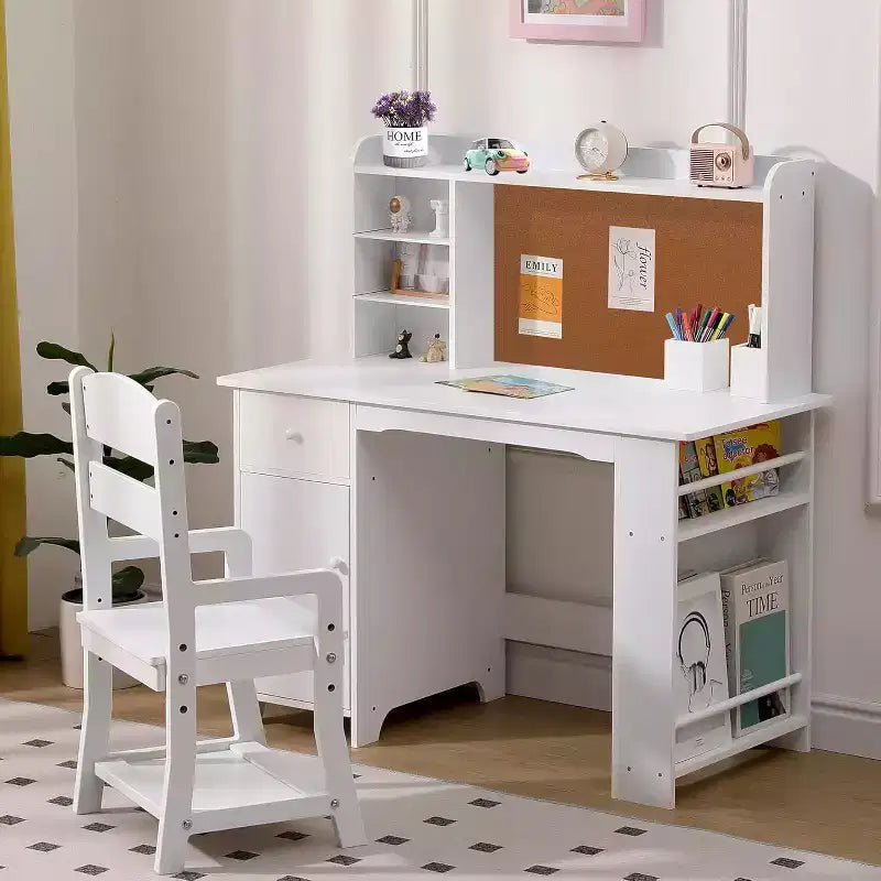 Kinderschrijftafel met stoel voor jongens en meisjes, houten schrijftafel met boekenplank, prikbord, kast en lade, voor kinderen van 3-8 jaar