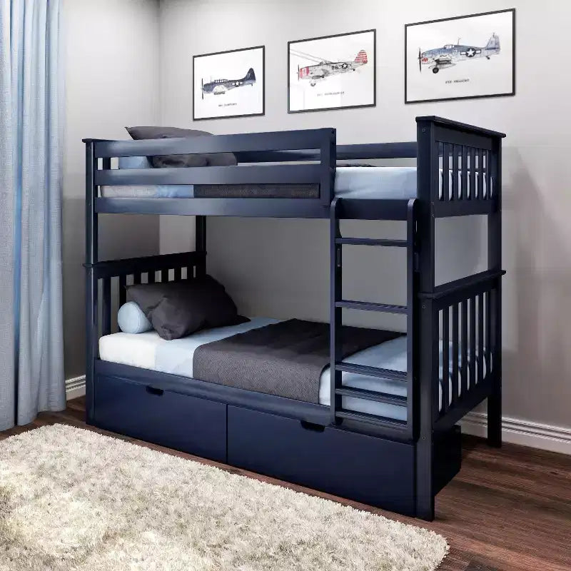 Letto a castello in legno massello per bambini, con due letti singoli sovrapposti e cassetti contenitori sotto il letto