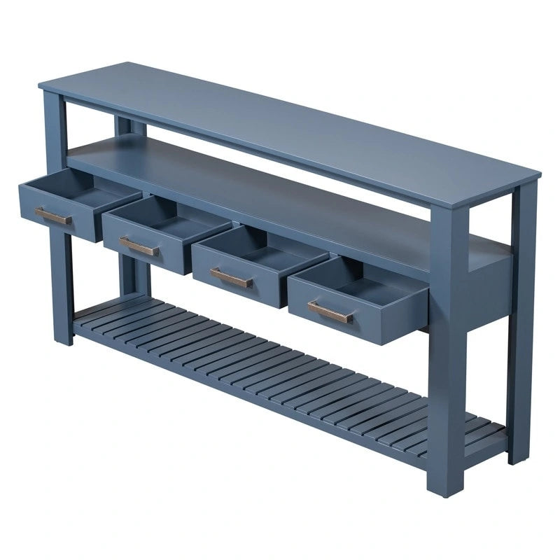 Longue table console pour entrée et canapé avec tiroirs, table console de style rustique en bois avec 4 tiroirs et 2 étagères