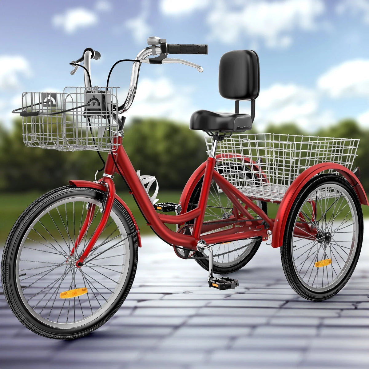 Vélo tricycle bleu pour adulte, 26, à 3 roues avec paniers amovibles