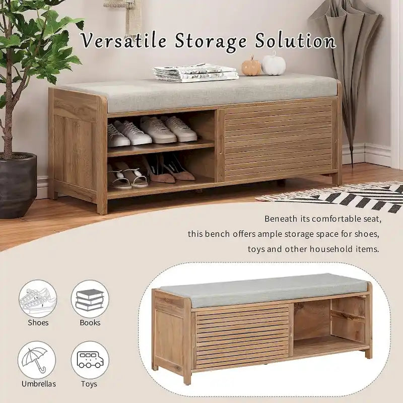 Banc de rangement en bois massif de 43.30 pouces avec persiennes vieillies contemporaines