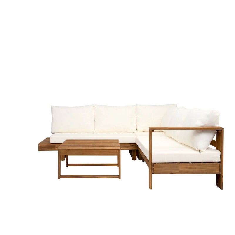 LSet di divani componibili angolari per patio con tavolo, chaise longue da esterno in legno, set conversazione da 4 pezzi
