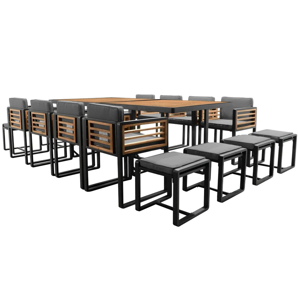 Eetset voor op het terras van acaciahout, 18-delig, met 8 stoelen met kussens, 8 ottomanen en 2 vierkante tafels