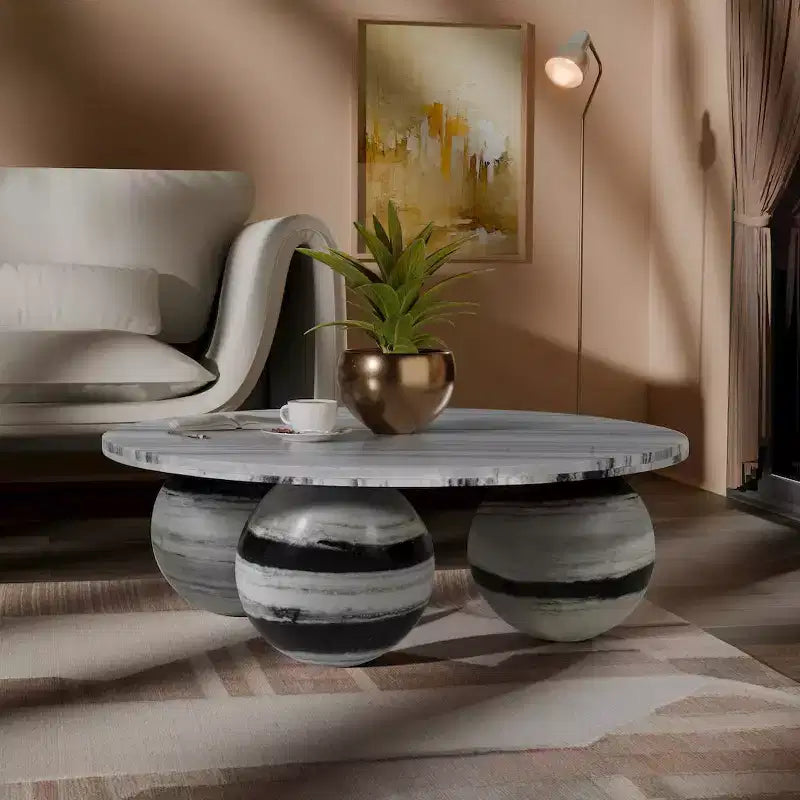 Table basse ronde en marbre avec pieds sphériques, multicolore, pour 4 personnes??