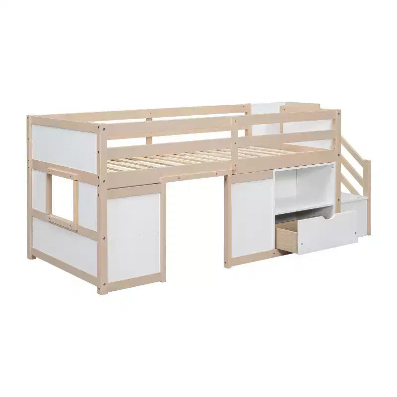 Lit mezzanine bas en bois massif, format simple, 94.6L x 42.3W, avec escalier, tiroir et étagère, design moderne et épuré
