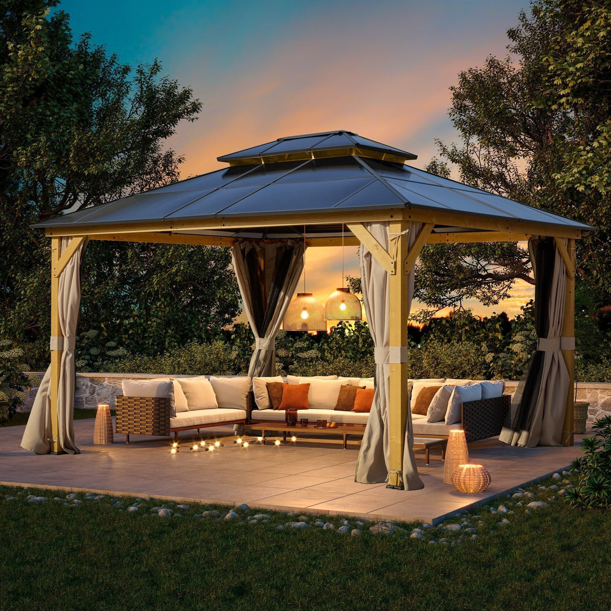 Gazebo EROMMY con tetto rigido, pergola da esterno con doppio tetto, rete e tende, copertura robusta per patio, giardino e feste in piscina