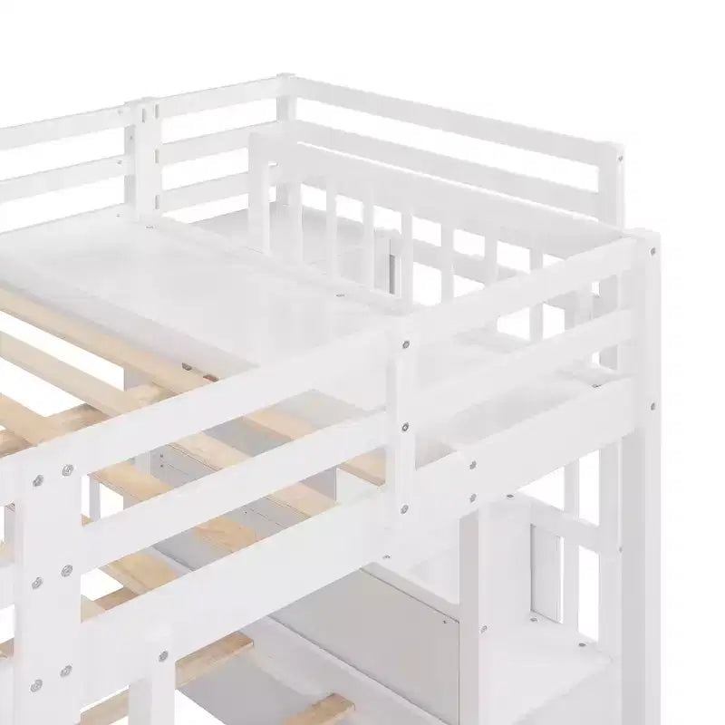 Lit superposé Whisen avec lit double au-dessus de deux lits simples, en bois, avec tiroirs et barrières de sécurité