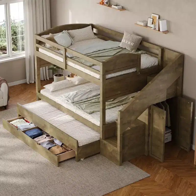 Struttura letto a castello singolo Whisen XL con letto estraibile, letto a castello con contenitore, legno massello, scala contenitore, armadio, 3 cassetti, per bambini