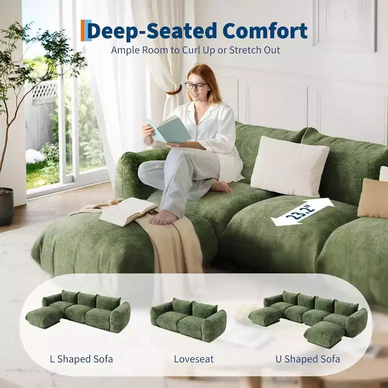 Canapé d’amour modulable en tissu chenille, canapé nuage 2 places avec mousse haute résilience, canapé sans pieds pour petits espaces