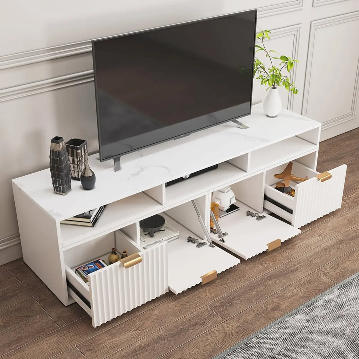Moderner weißer Eck-TV-Ständer mit 2 Schubladen und offenem Stauraum