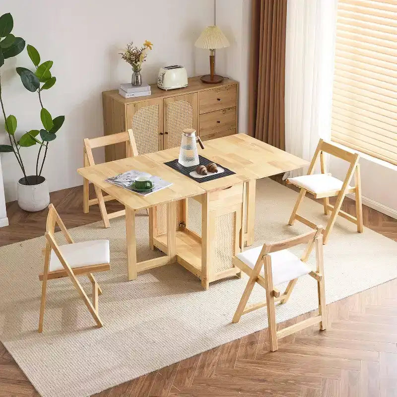 Ensemble table à manger pliante VINGLI, table extensible en bois massif à abattants avec 4 chaises, tiroirs et roulettes, gain de place pour la cuisine