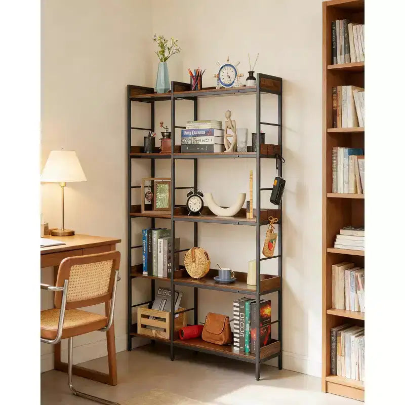 5-stufiges Eckbücherregal in L-Form, industrielles Bücherregal aus Holz und Metall, 65 (Rustikales Braun), beidseitig nutzbarer Stauraum für Wohnzimmer, Schlafzimmer und Heimbüro