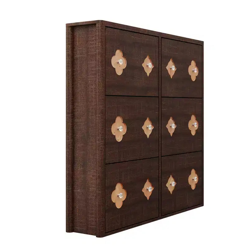 Meuble à chaussures en bois avec 6 tiroirs basculants, étagères réglables, motif floral, poignées en losange, rangement mince sur pied pour l’entrée