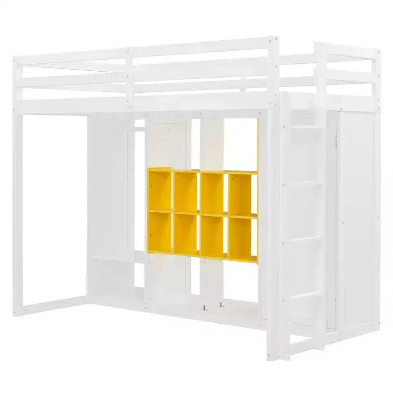 Kinder-Hochbett mit Kleiderschrank und Regalen, Holz-Hochbettrahmen mit Stauraumschrank für Kinder und Jugendliche