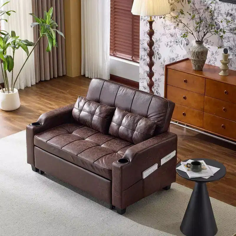 Gepolsterte, umwandelbare Schlafcouch mit Relaxfunktion aus Cat's-Claw-Leder, Kissen inklusive, für kleine Räume