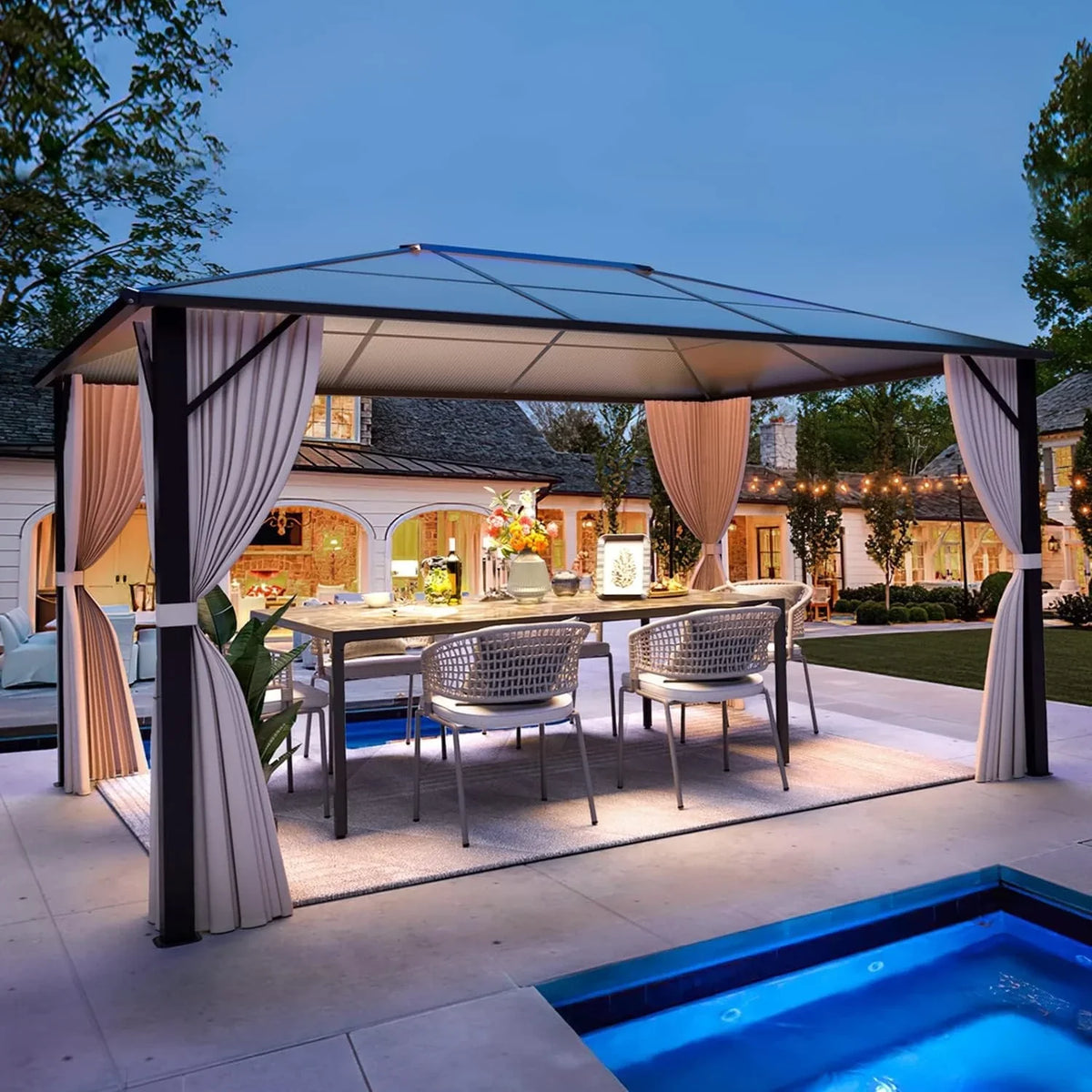 Gazebo EROMMY con tetto rigido, pergola da esterno con doppio tetto, rete e tende, copertura robusta per patio, giardino e feste in piscina