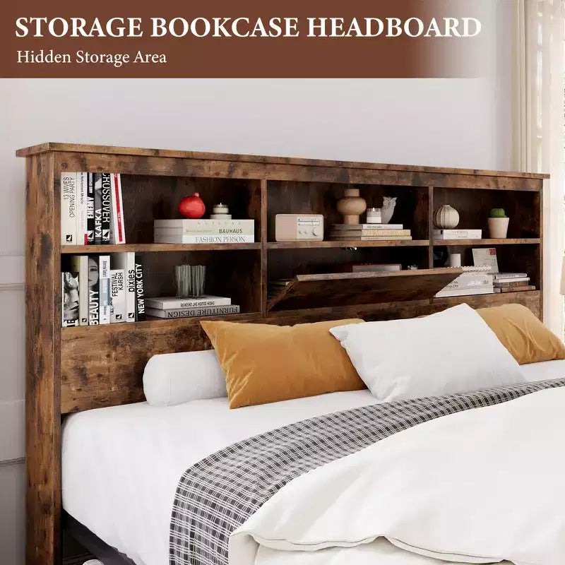 Struttura letto matrimoniale con testiera contenitore, in legno, con 4 cassetti, libreria contenitore e letto matrimoniale king size con robusto supporto in metallo