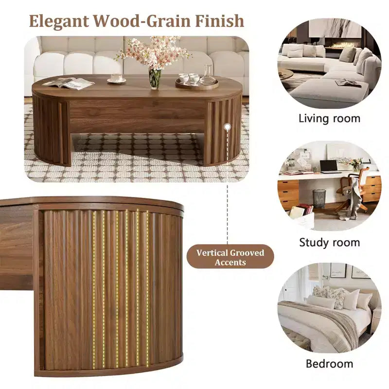 Salontafel van 47.2'' met hefbaar blad, ovale houten middentafel met verborgen opbergruimte, moderne cocktailtafel voor woonkamer, slaapkamer en kantoor
