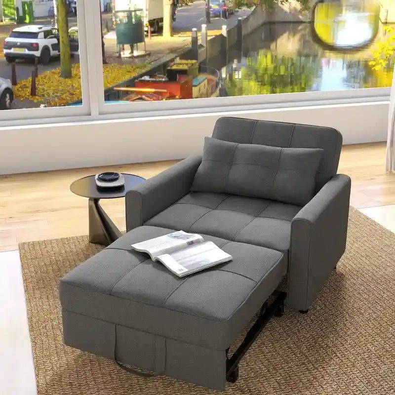 Fauteuil convertible 3-en-1 avec lit escamotable, canapé lounge rembourré convertible, réglable et pliable