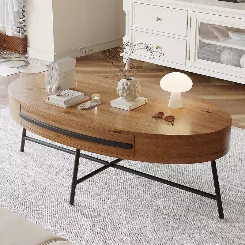 Ovaler Couchtisch mit Schublade, Mid-Century-Modern-Beistelltisch, 47.2, Couchtisch aus Holz mit Stauraum und gekreuzten Metallbeinen, geschwungenes Design
