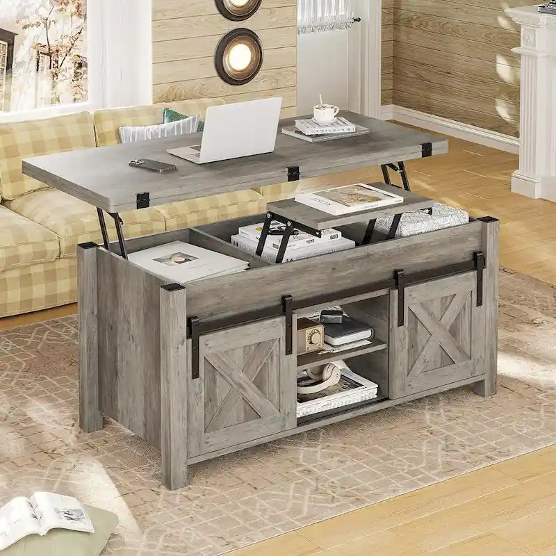 Table basse relevable avec 2 portes coulissantes de style grange, rangement et table à manger