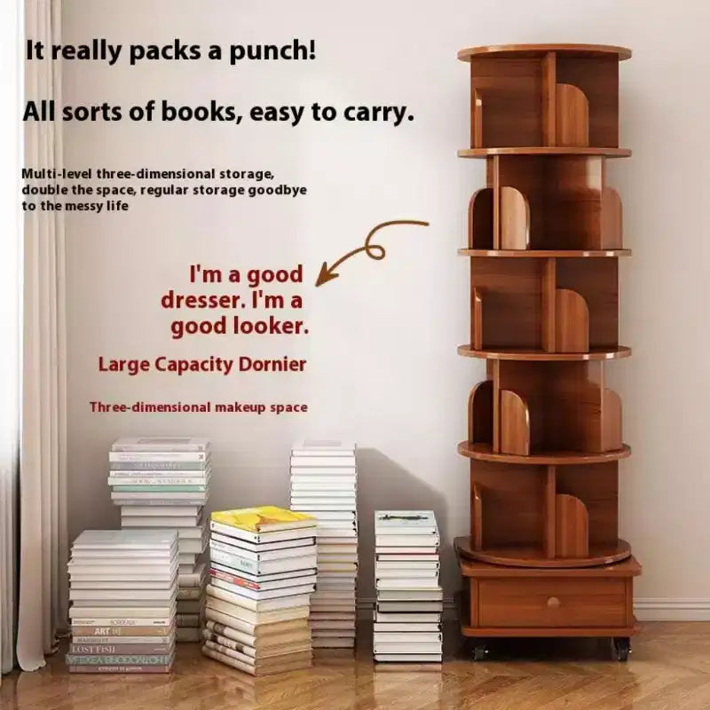 Libreria angolare girevole a 360° Chic Crate a 6 ripiani con ruote, libreria stretta per spazi ridotti, marrone noce