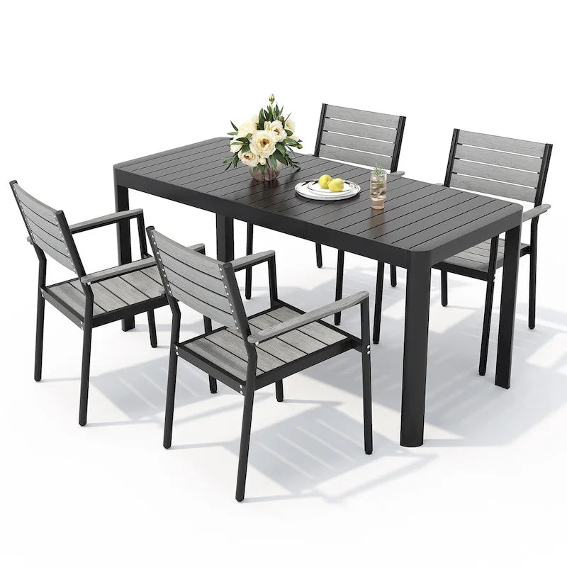 Set da pranzo da esterno in alluminio da 5/7 pezzi con sedie impilabili e tavolo allungabile