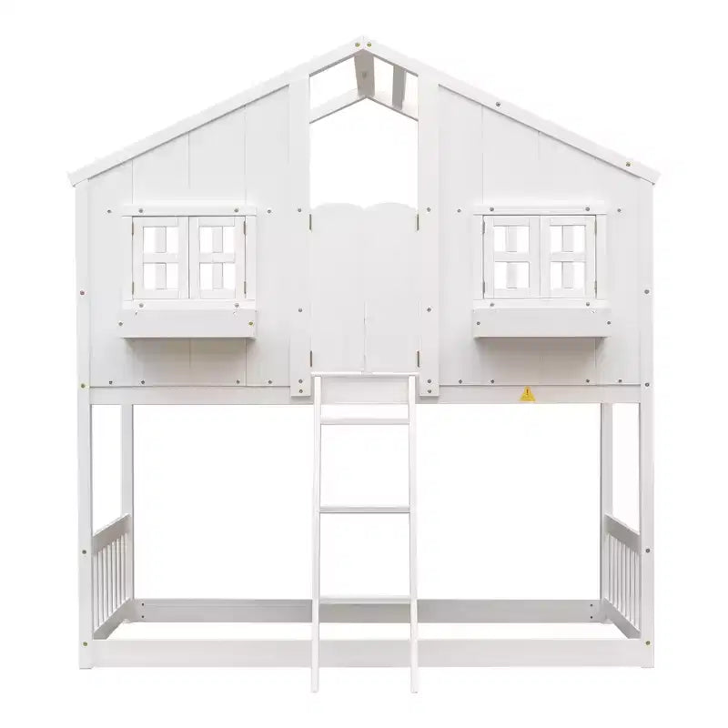 Letto a soppalco a forma di casetta per letto singolo, in legno, con scala e sponde di protezione per bambini