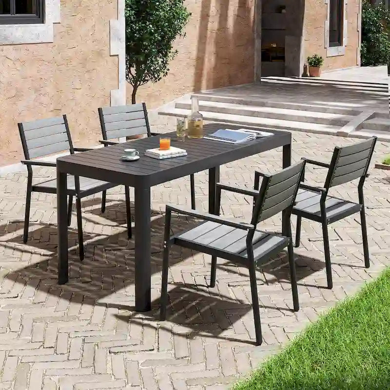Set da pranzo da esterno in alluminio da 5/7 pezzi con sedie impilabili e tavolo allungabile