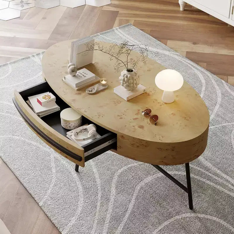 Table basse ovale Acekool avec tiroir, table de rangement en bois de 47.2 avec pieds croisés en métal, table centrale moderne du milieu du siècle en finition saule naturel et doré