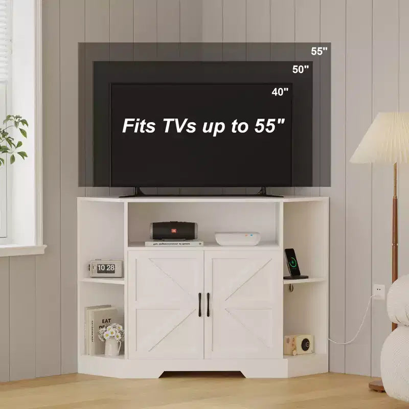 Mobile TV angolare per televisori fino a 55, consolle multimediale stile rustico con ante scorrevoli da fienile, ripiani aperti e armadietto contenitore, bianco