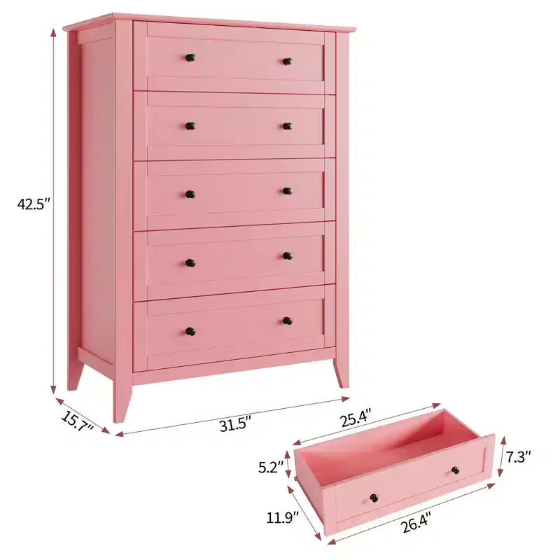 Cassettiera alta 42.5 pollici con 5 cassetti per camera da letto, mobile contenitore in legno con cassetti profondi 11.9 pollici e pomelli in metallo dorato, ideale per ingresso o corridoio