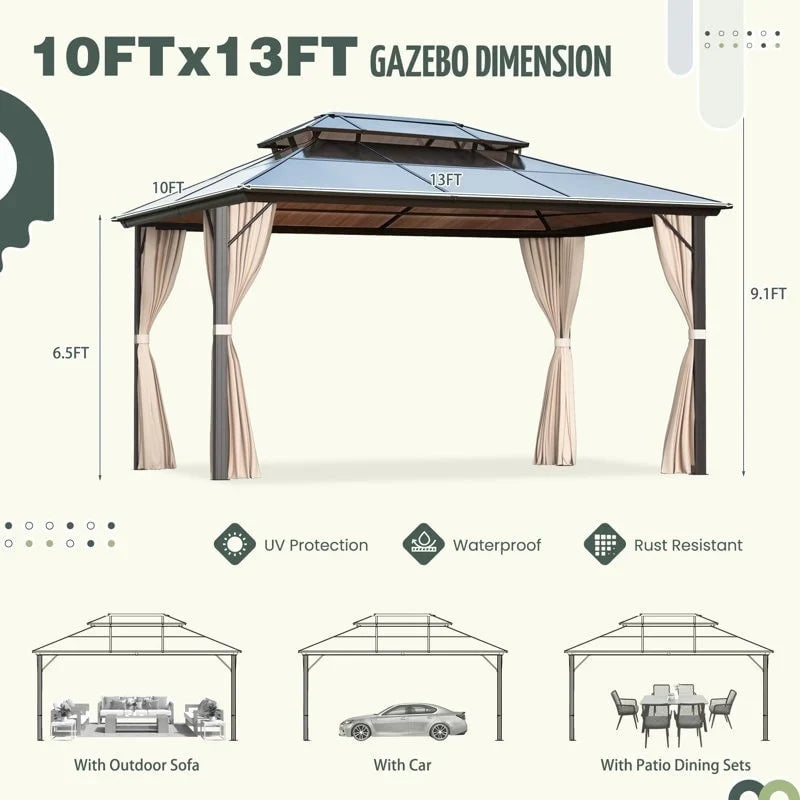 Gazebo EROMMY con tetto rigido, pergola da esterno con doppio tetto, rete e tende, copertura robusta per patio, giardino e feste in piscina