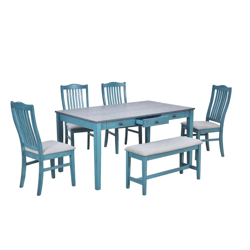 Ensemble de salle à manger en bois de 6 pièces avec 4 chaises et un banc, table avec tiroir