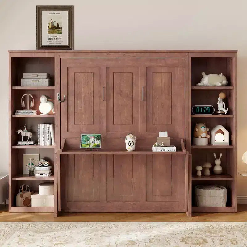 Letto a scomparsa matrimoniale con scrivania e libreria, salvaspazio, marrone scuro - ModernLuxe