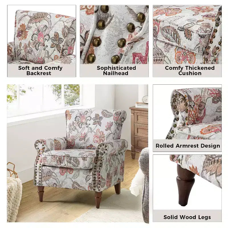 Araceli traditioneller gepolsterter Holzsessel mit Blumenmuster, Ohrenlehnen und Ziernägeln | ART OF LIVING DESIGNS