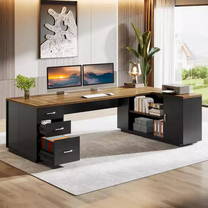 Lantine 85.8 L-vormig directiebureau, extra groot computerbureau voor kantoor met archieflades voor thuiskantoor