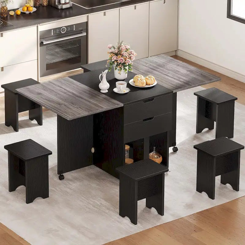 Set da pranzo pieghevole Moasis da 5 o 7 pezzi, con tavolo a ribalta e sgabelli contenitore per un massimo di 6 persone