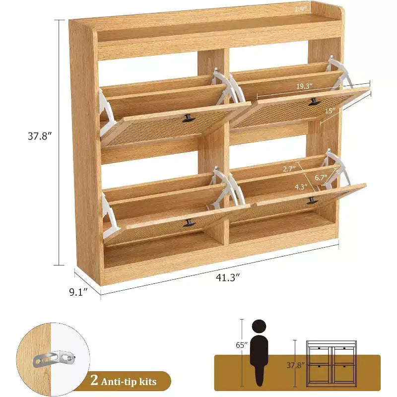 Meuble à chaussures en rotin avec 4 abattants, rangement à chaussures autoportant en bois avec étagères réglables, pour entrée, placard et couloir