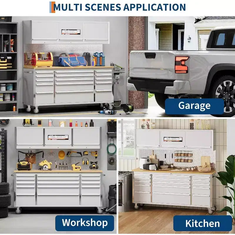Coffre à outils de 72 pouces avec roulettes, établi de garage, plateau en bois d’hévéa massif et serrure à clé, armoire à outils mobile pour le rangement en atelier