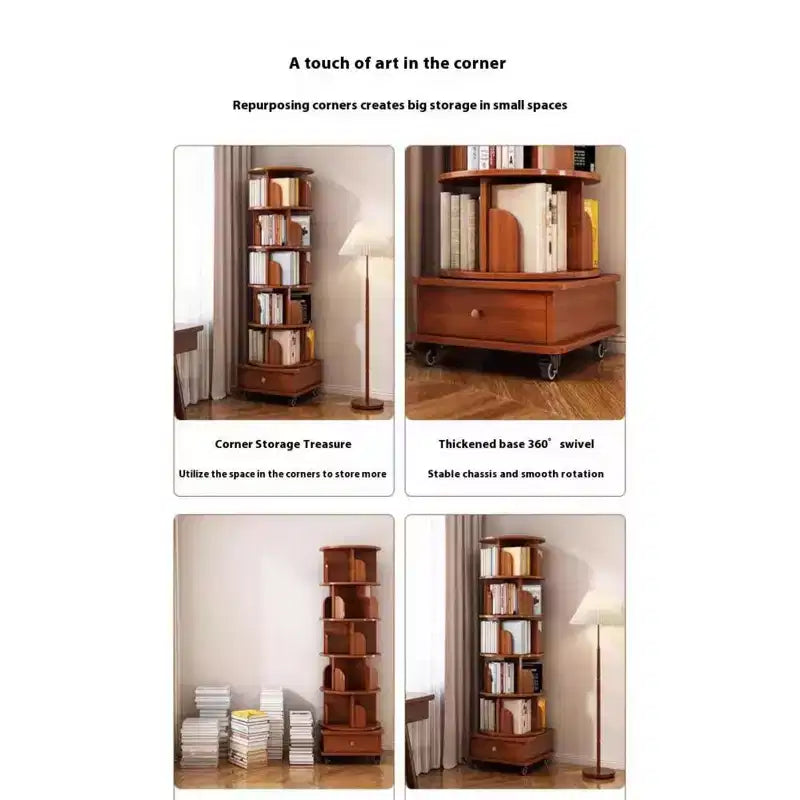Libreria angolare girevole a 360° Chic Crate a 6 ripiani con ruote, libreria stretta per spazi ridotti, marrone noce