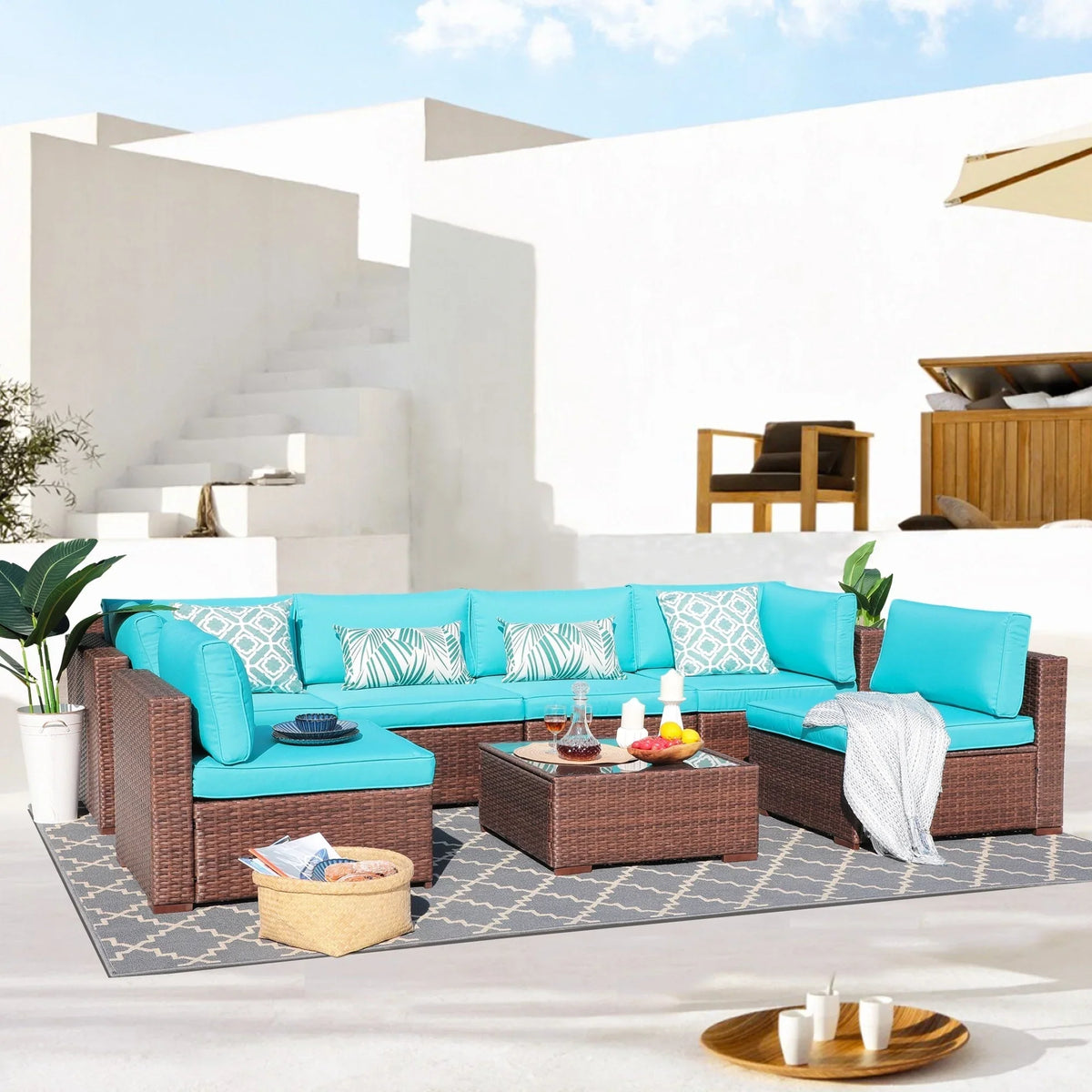 7-teiliges Outdoor-Ecksofaset aus Rattan und Stahl mit Kissen