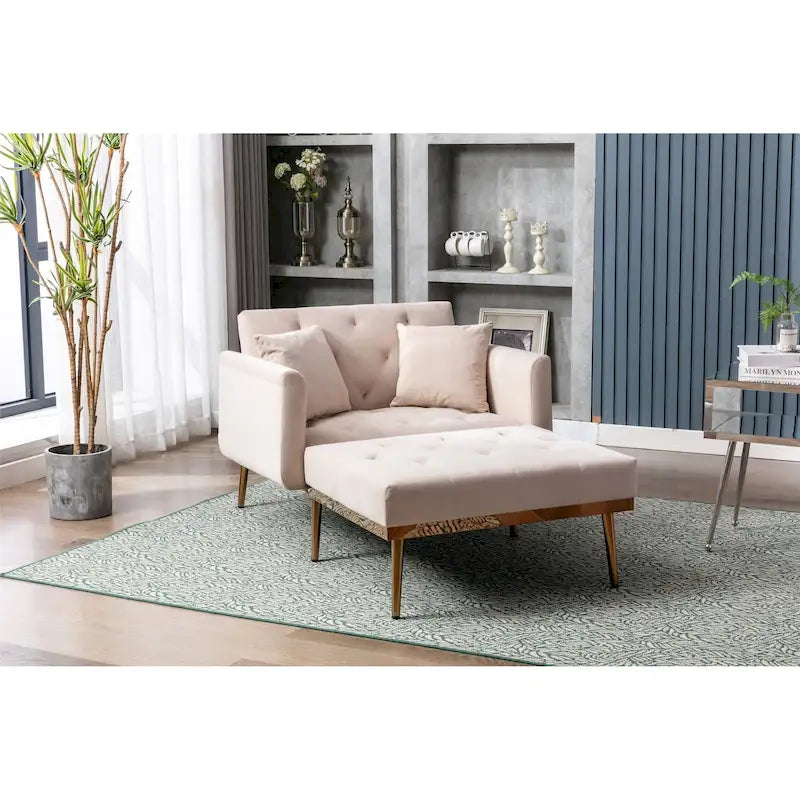 Gepolsterter Samt-Schlafsessel mit Knopfheftung fürs Wohnzimmer und roségoldenen Füßen