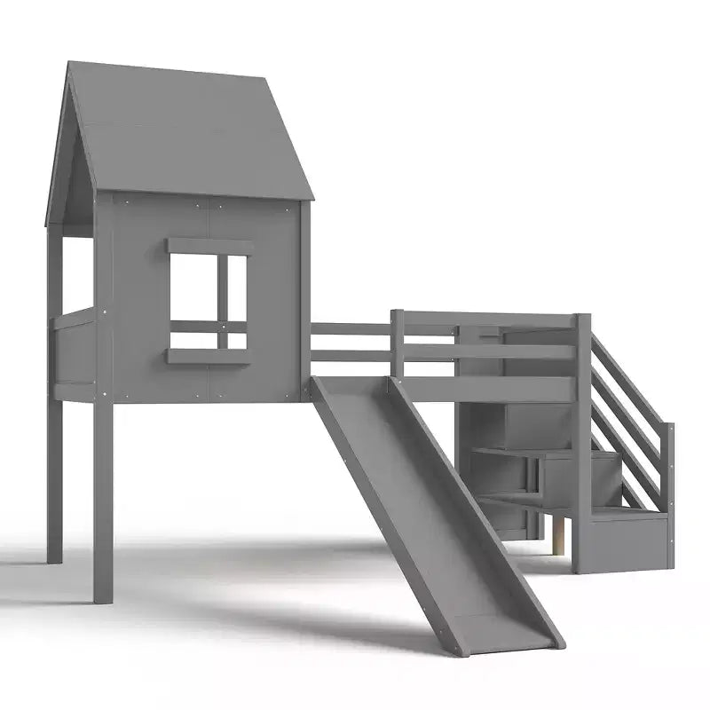 Einzel-Hochbett mit 3 Schubladen und Treppe mit Stauraum, Hausbett aus Holz mit Rutsche und abnehmbarem Schreibtisch